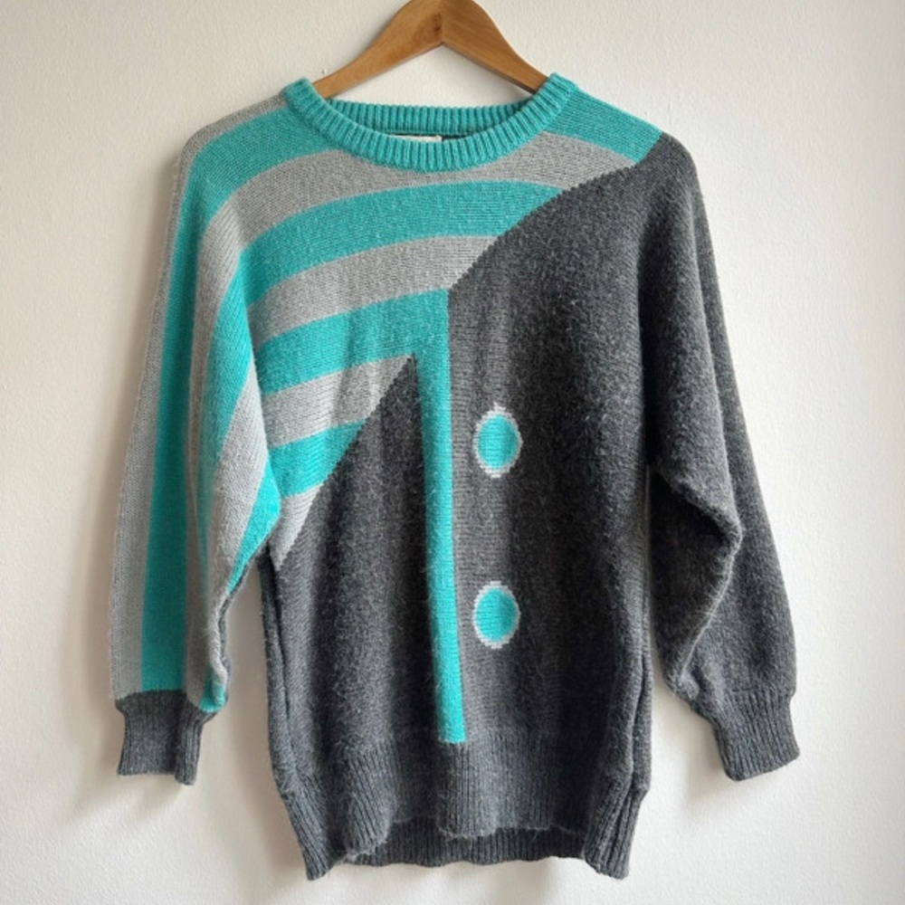 80s Vintage Gray Teal Sweater Pullover Geometric Print Medium M
